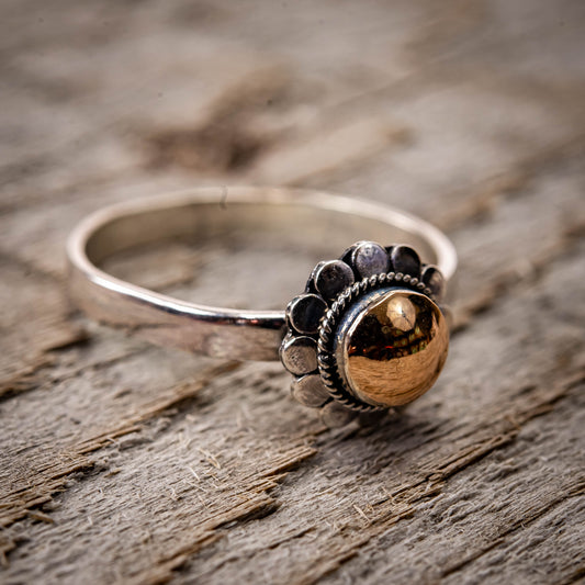 Balinese Sterling Silver Flower Ring With Round Gold 18 Carat Plated, Sizes 5.25 To 9.5