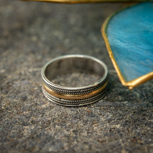 Balinese Sterling Silver Ring With Centered-Band Gold 18 Carat Plated, Sizes 5.75 To 11.25