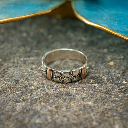 Balinese Sterling Silver Granulation Ring With 3-Band Gold 18 Carat Plated, Sizes 5.5 To 9