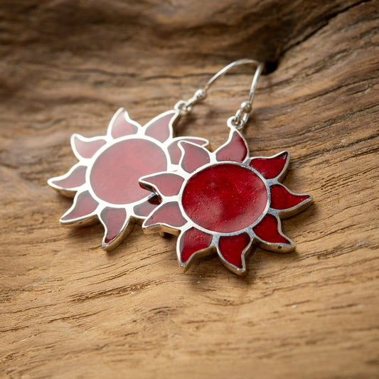 Sterling Silver Sun Dangle Earrings With Coral, 25mm