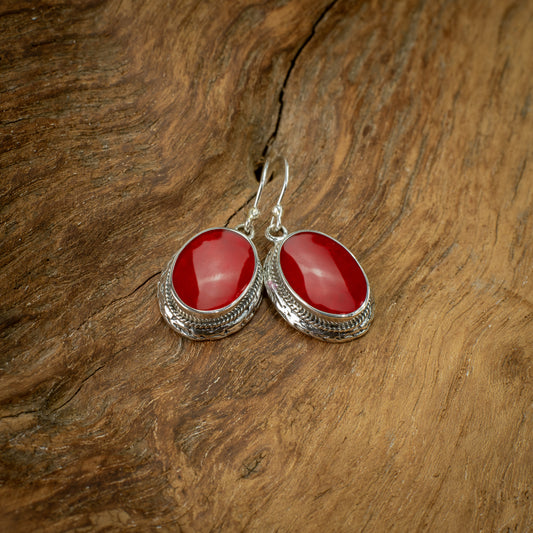 Sterling Silver Braided Oval Dangle Earrings With Coral, 17mm