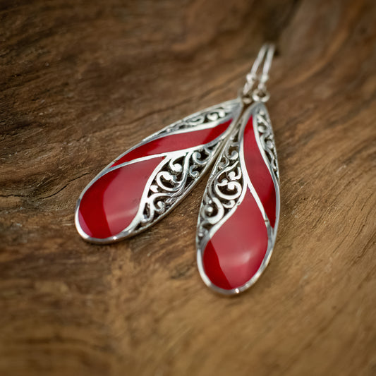 Sterling Silver Long Teardrop Shape Dangle Earrings With Coral, 40mm