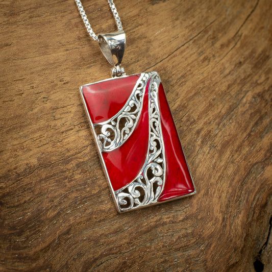 Sterling Silver Rectangle Pendant With Coral, 23mm x 35 mm