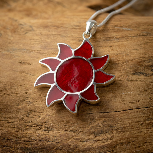 Sterling Silver Sun Pendant With Coral, 33mm