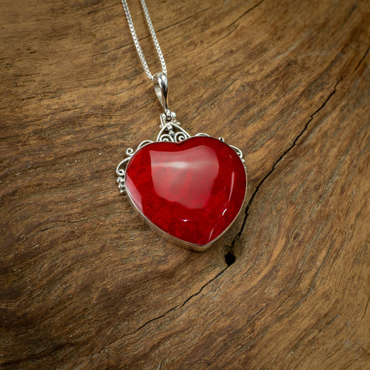 Sterling Silver Big Heart Pendant With Coral