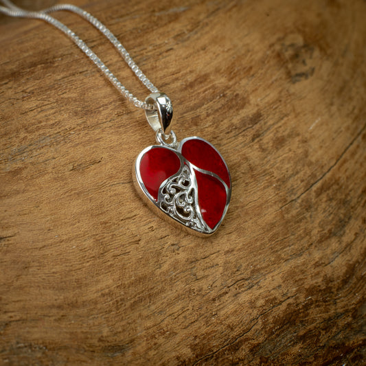 Sterling Silver Heart Pendant With Coral, 15mm