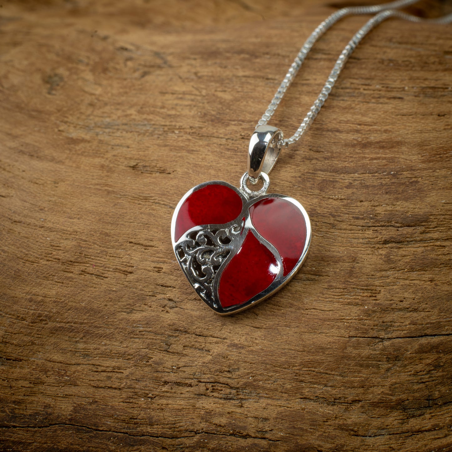 Sterling Silver Heart Pendant With Coral, 15mm