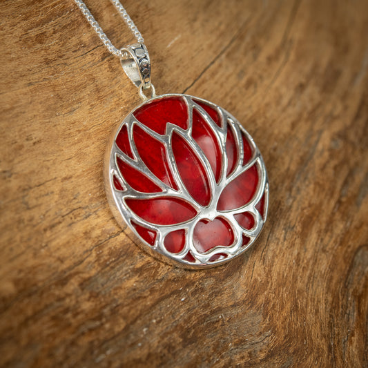 Sterling Silver Lotus Flower Pendant With Coral, 27mm