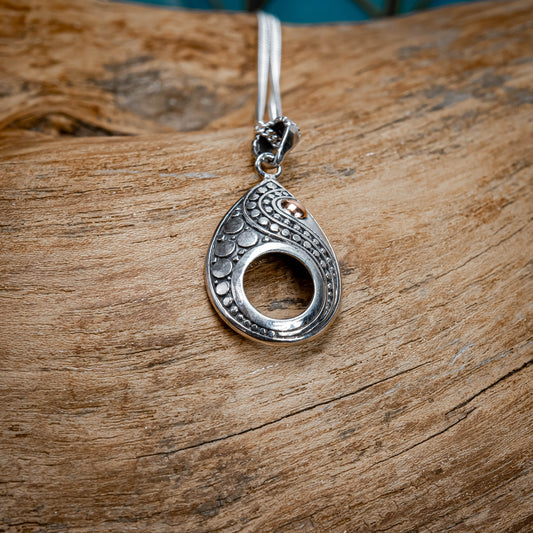 Balinese Sterling Silver With Tiny Round Gold 18 Carat Drop Pendant, 28mm