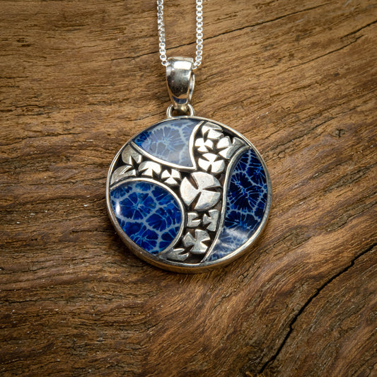 Sterling Silver Round Pendant With Blue Coral, 27mm