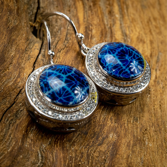 Sterling Silver Round Dangle Earrings With Blue Coral And Zirconium, 15mm