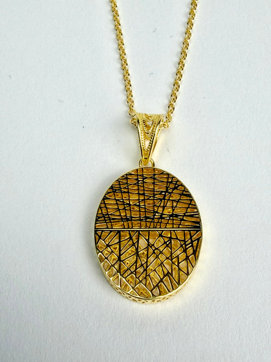 Sterling Silver Abstract Oval Sunset Horizon Necklace with Material-Plated