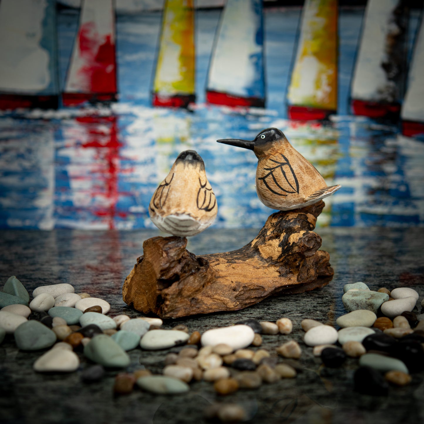 Hand Carved, Hand Carved Wooden of a Pair of Brown Seagulls
