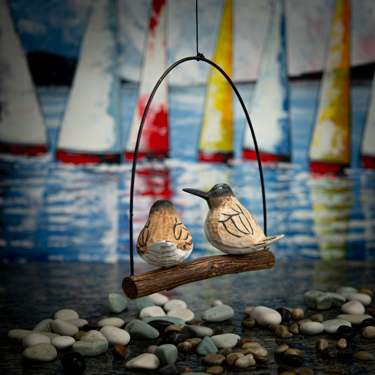 Mobile with Hand Carved, Hand Carved Wooden of a Pair of Brown Seagulls