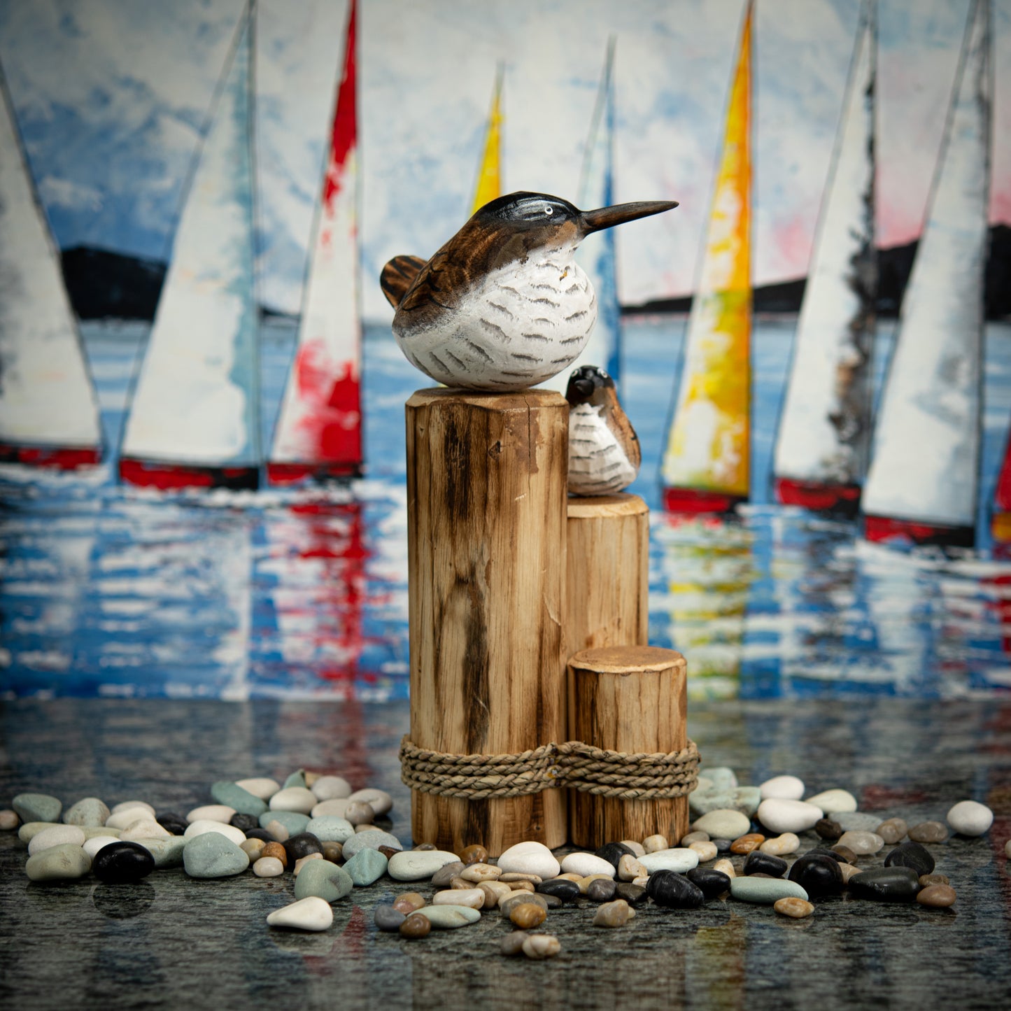 Hand Carved, Hand Carved Wooden Sculpture of Brown Seagulls on Post
