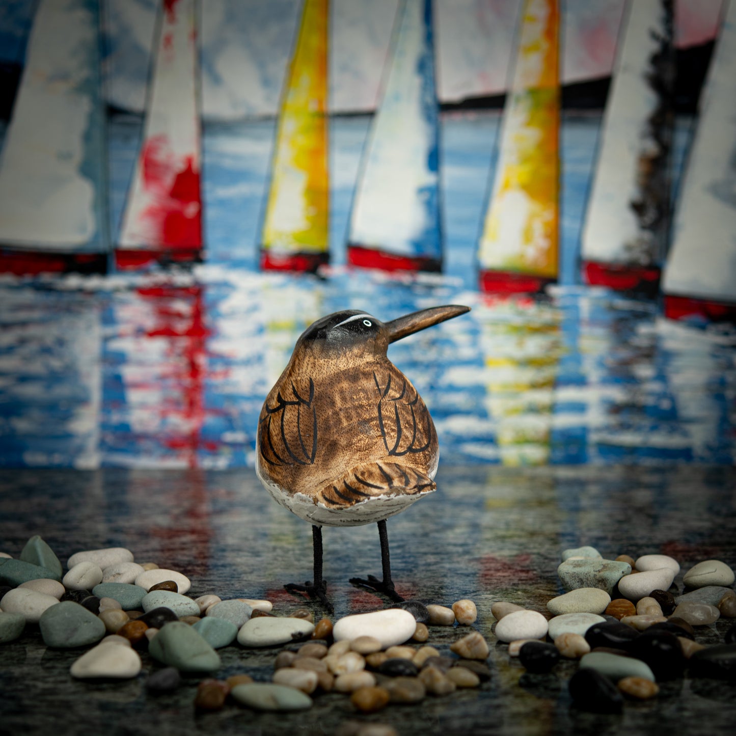 Hand Carved, Hand Carved Wooden Sculpture of a Brown Seagull