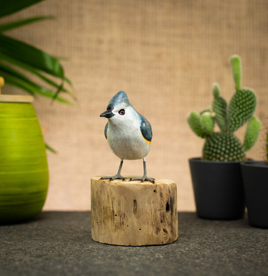 Hand Made Hand Painted Wooden Sculpture of a Tufted Titmouse