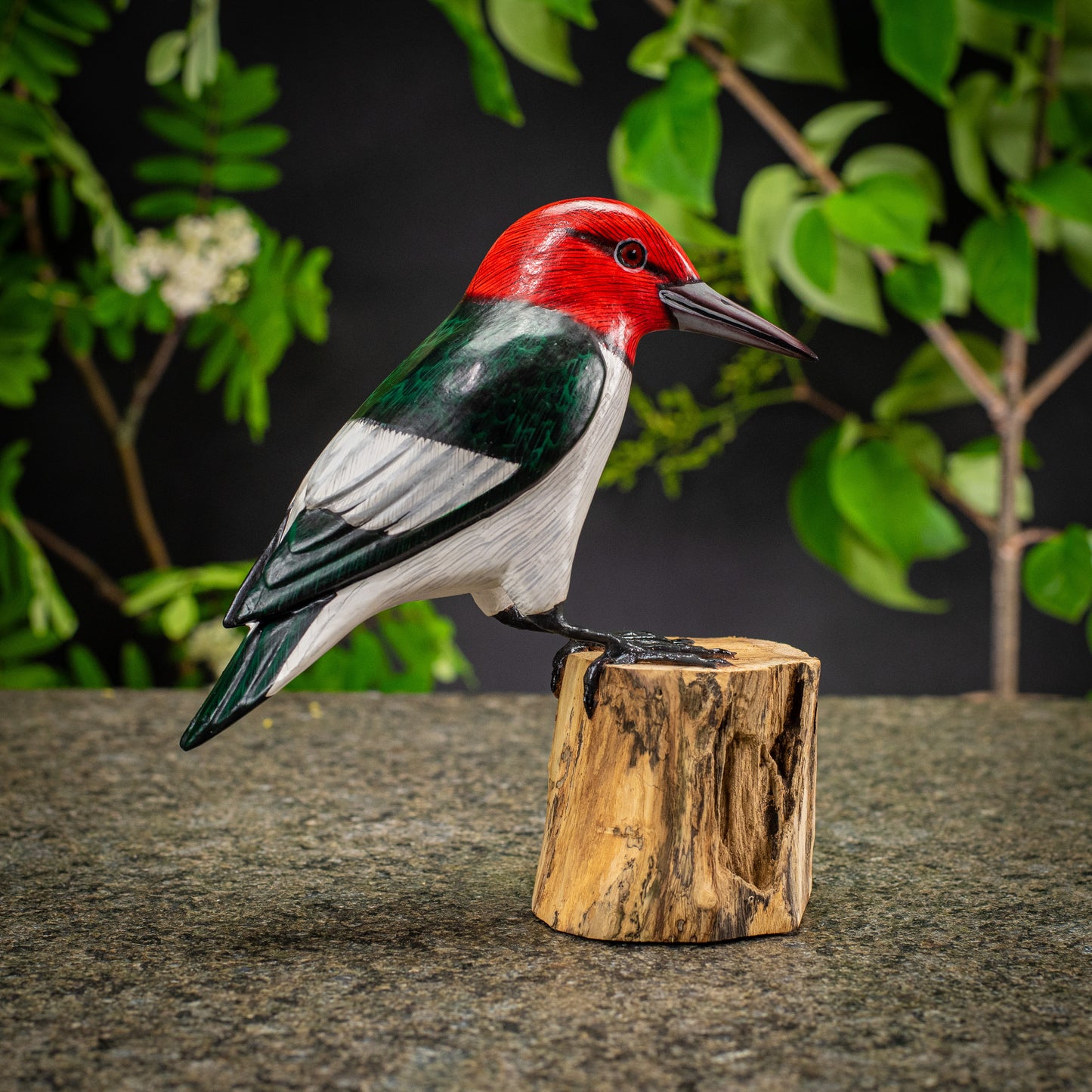 Hand Made Hand Painted Wooden Sculpture of a Red-Headed Woodpecker