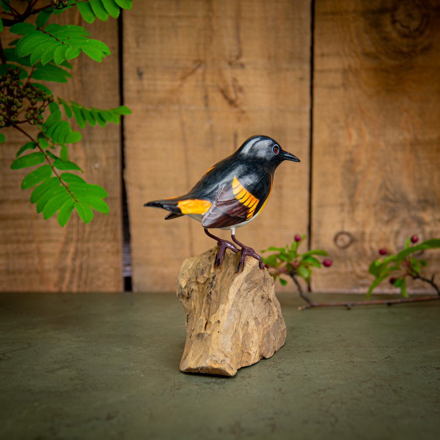 Hand Made Hand Painted Wooden Sculpture of an American Redstart