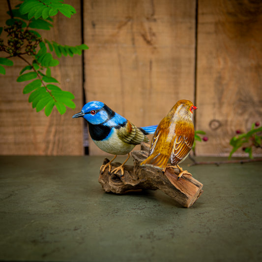 Hand Made Hand Painted Wooden Sculpture of a Pair of Superb Fairy Wrens