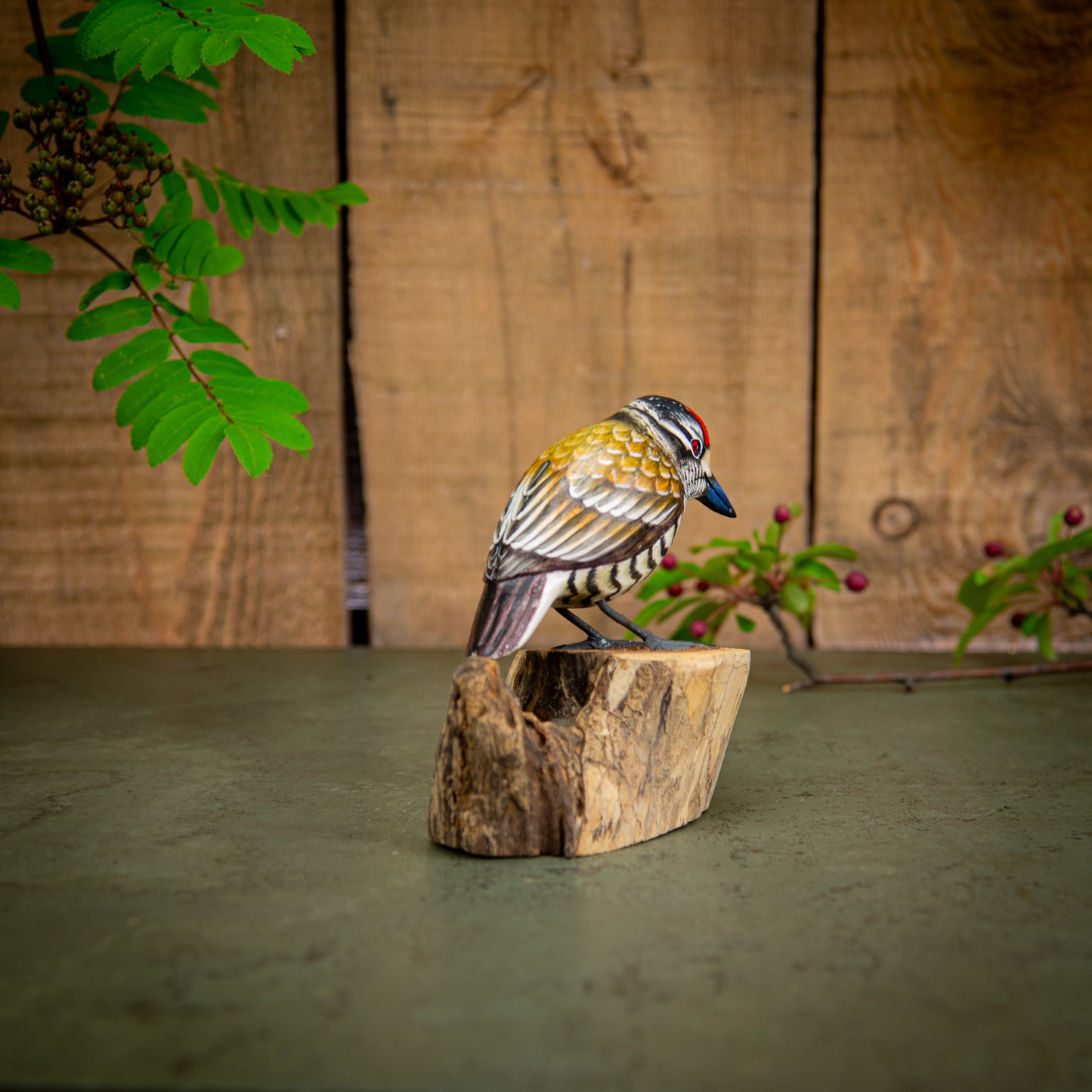 Hand Made Hand Painted Wooden Sculpture of a White Barred Woodpecker