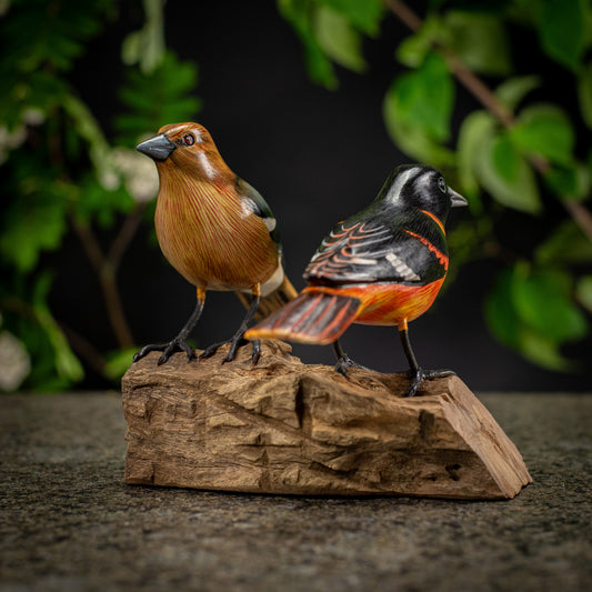 Hand Made Hand Painted Wooden Sculpture of a Baltimore Oriole Pair