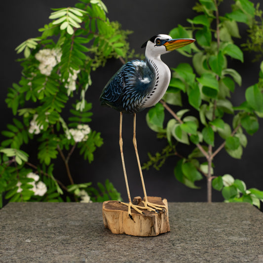 Hand Made Hand Painted Wooden Sculpture of a Great Blue Heron