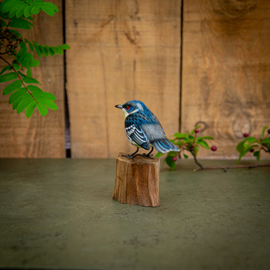 Hand Made Hand Painted Wooden Sculpture of a Cerulean Warbler