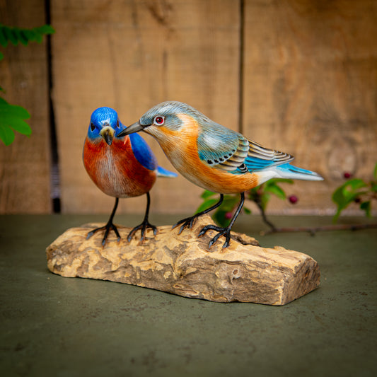 Hand Made Hand Painted Wooden Sculpture of a Pair of Mountain Bluebirds