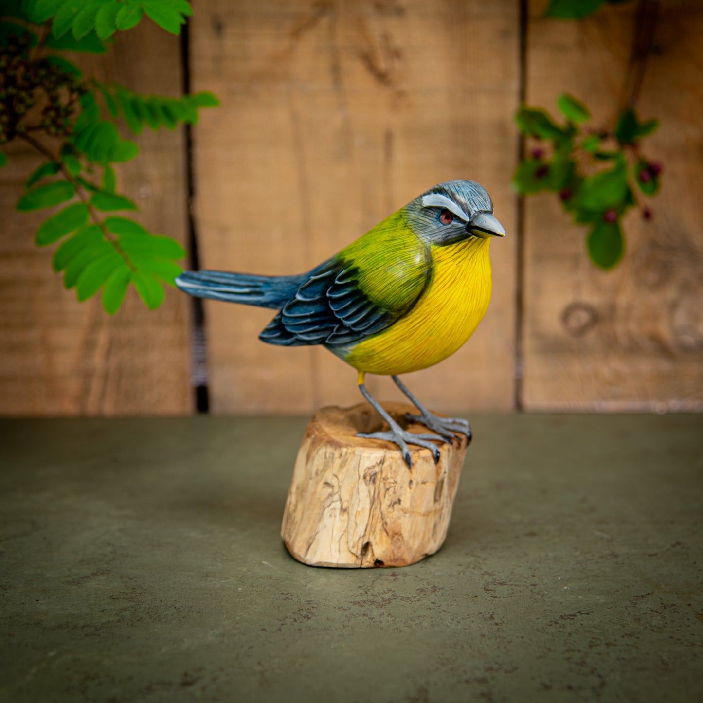 Hand Made Hand Painted Wooden Sculpture of a Giant Yellow-Chested Warbler