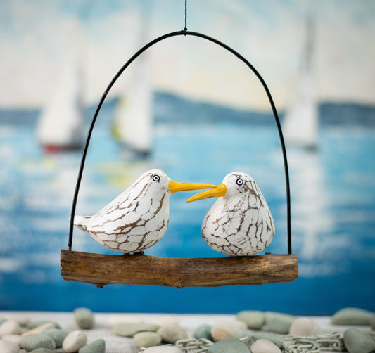 Mobile with Hand Carved, Hand Painted Pair of Wooden Seagulls