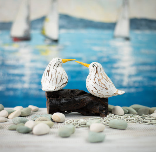 Hand Carved, Hand Painted Wooden Sculpture of a Pair of Seagulls