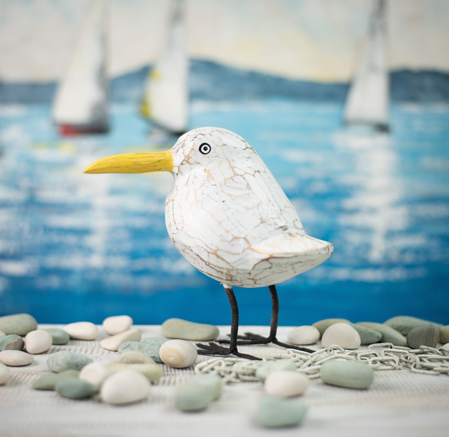 Hand Carved, Hand Painted Wooden Sculpture of a Seagull
