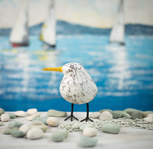 Hand Carved, Hand Painted Wooden Sculpture of a Seagull