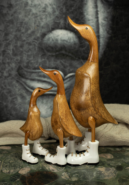 Hand Carved, Hand Painted Wooden Sculpture of a Duck in Shiny White Boots