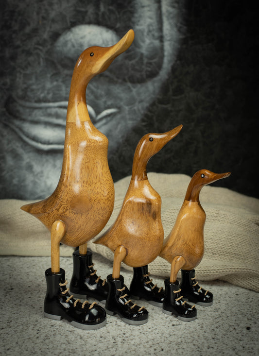 Hand Carved, Hand Painted Wooden Sculpture of a Duck in Shiny Black Boots