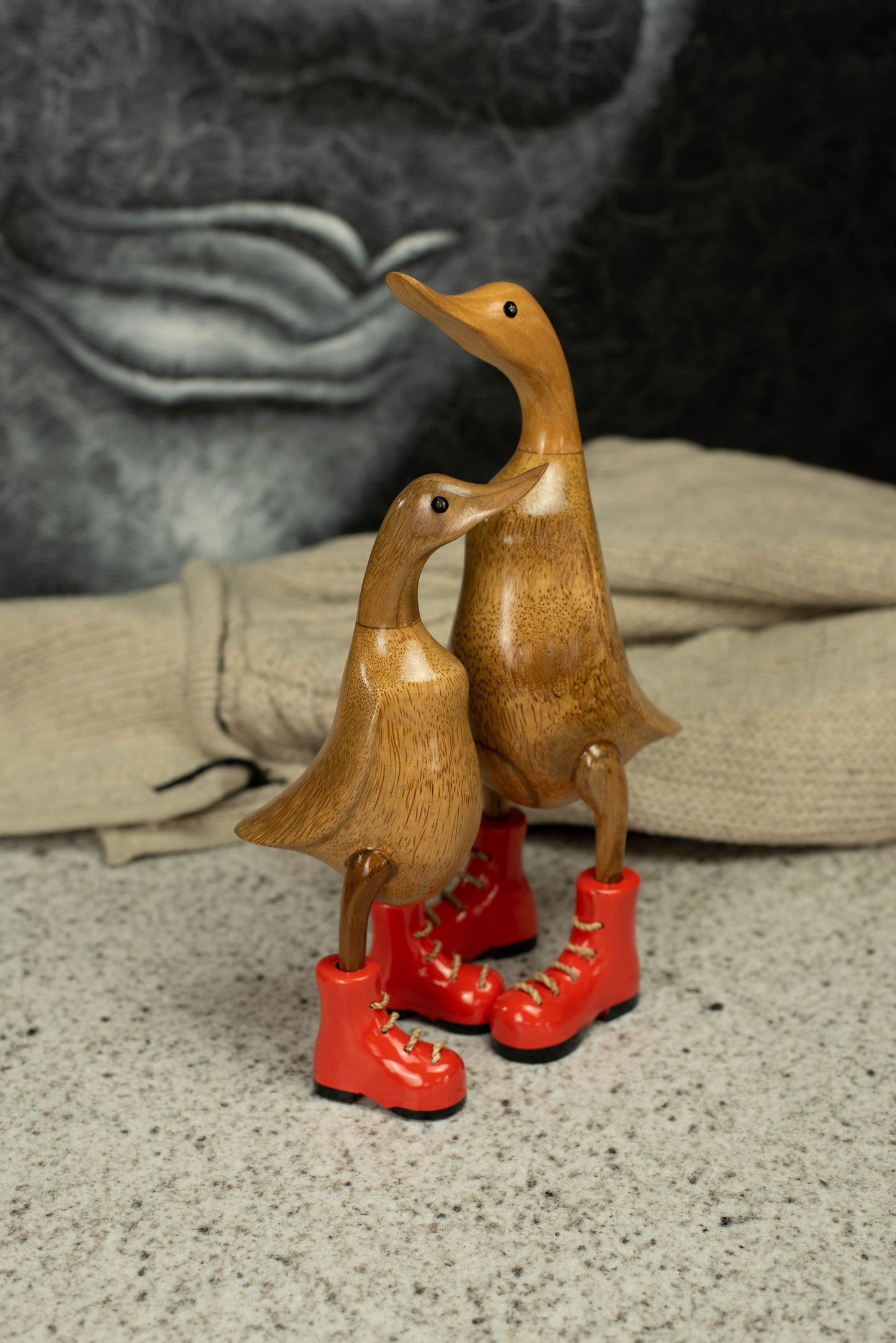 Hand Carved, Hand Painted Wooden Sculpture of a Duck in Shiny Orange Boots