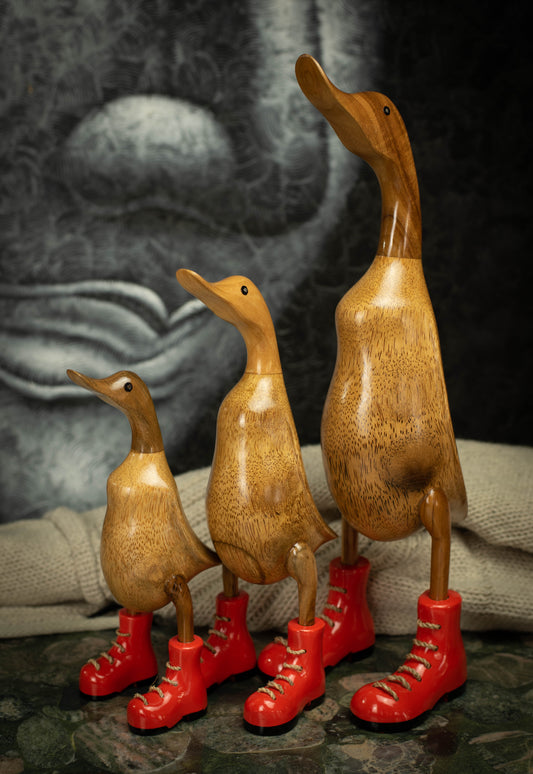 Hand Carved, Hand Painted Wooden Sculpture of a Duck in Shiny Orange Boots