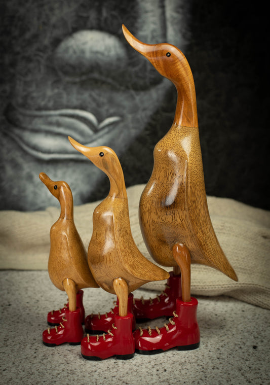 Hand Carved, Hand Painted Wooden Sculpture of a Duck in Shiny Red Boots