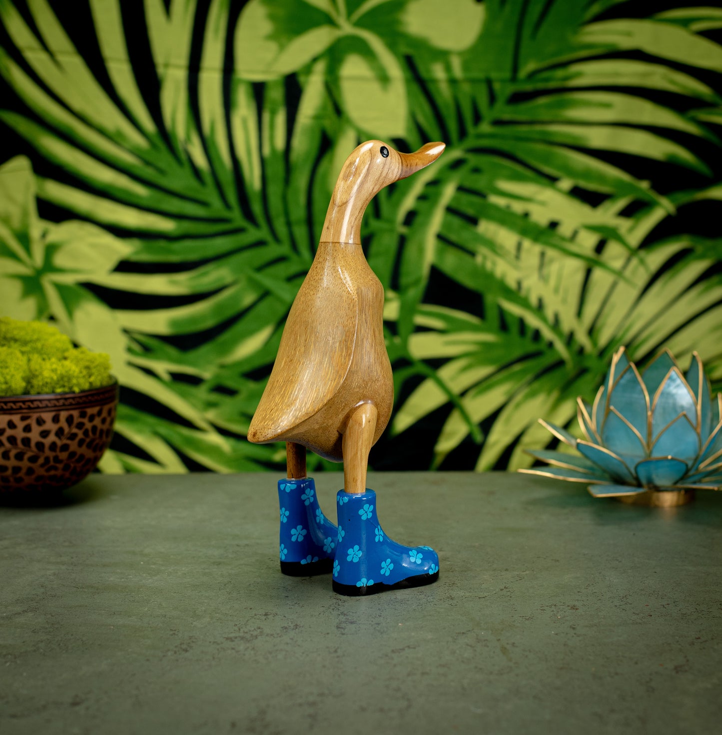 Hand Carved, Hand Painted Wooden Sculpture of a Duck in Shiny Blue Boots with Flowers