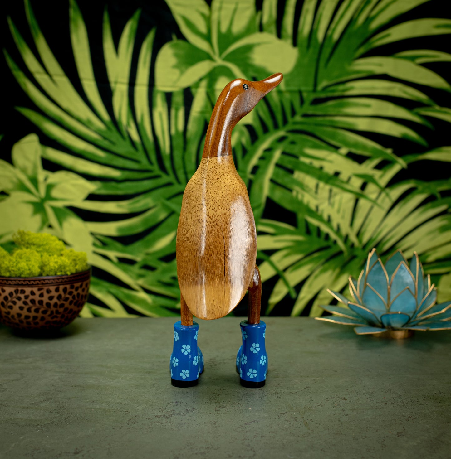 Hand Carved, Hand Painted Wooden Sculpture of a Duck in Shiny Blue Boots with Flowers