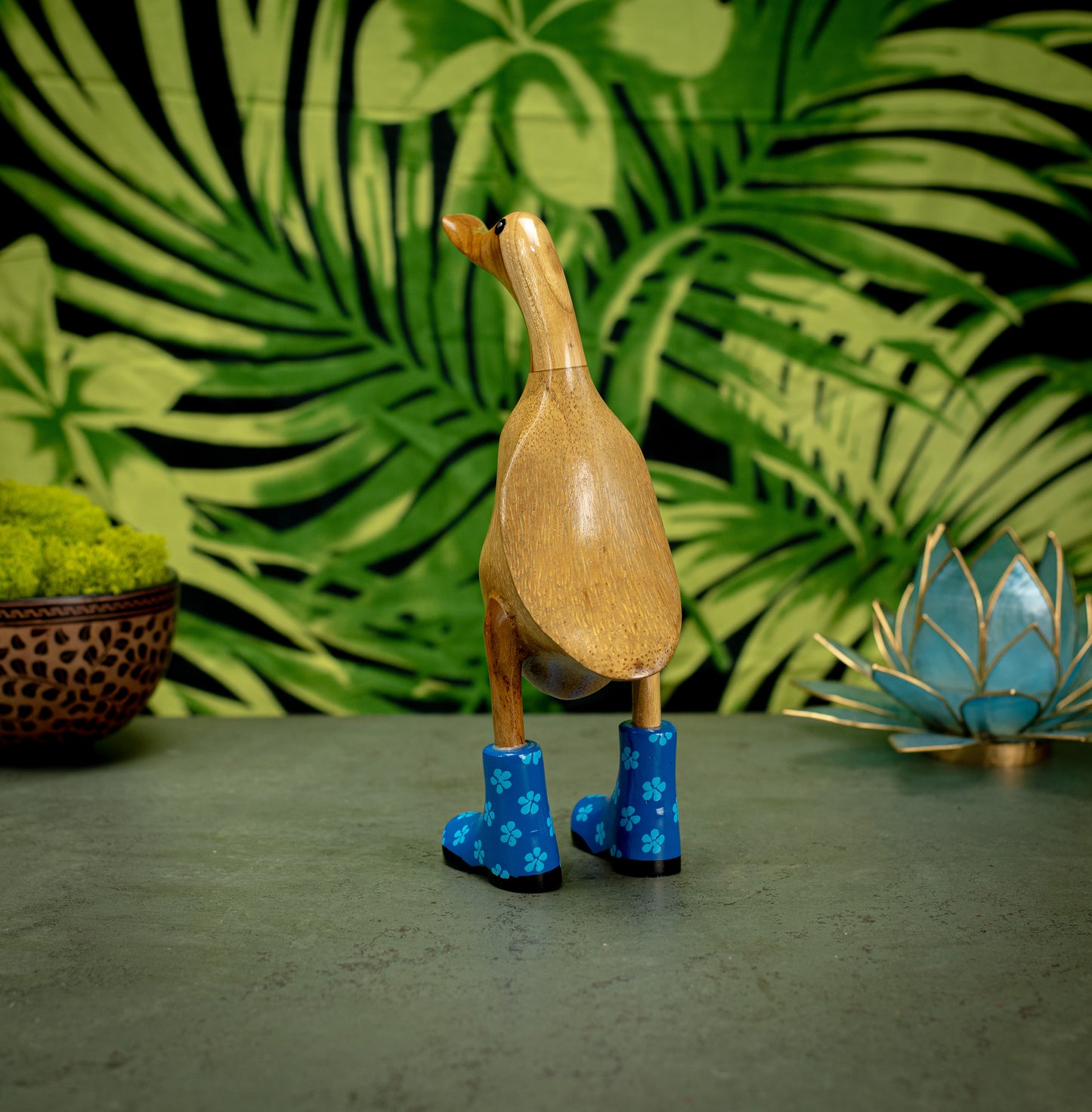 Hand Carved, Hand Painted Wooden Sculpture of a Duck in Shiny Blue Boots with Flowers