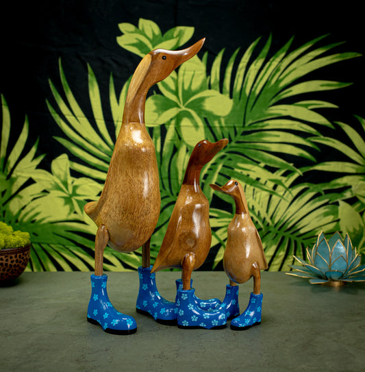 Hand Carved, Hand Painted Wooden Sculpture of a Duck in Shiny Blue Boots with Flowers