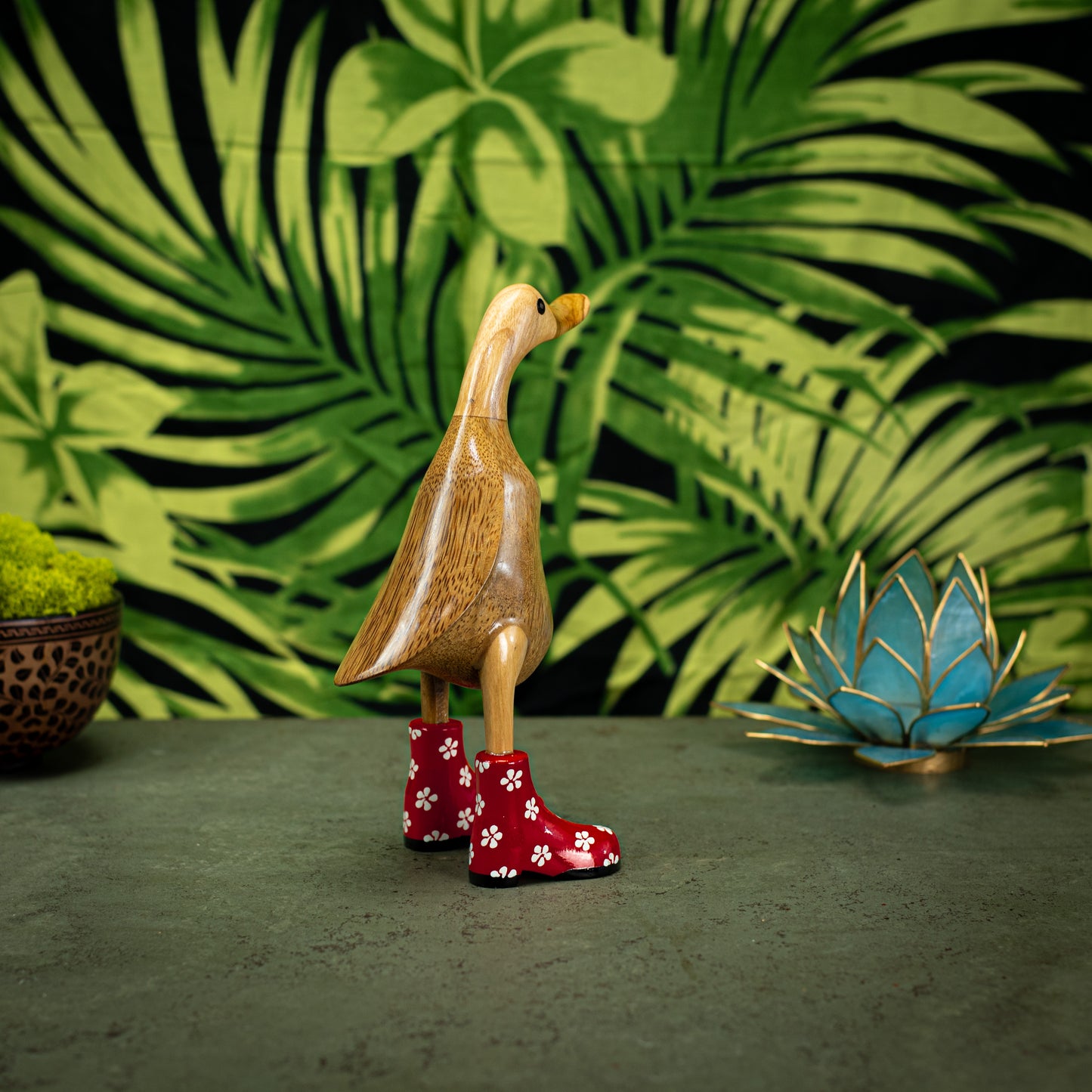 Hand Carved, Hand Painted Wooden Sculpture of a Duck in Shiny Red Boots with Flowers