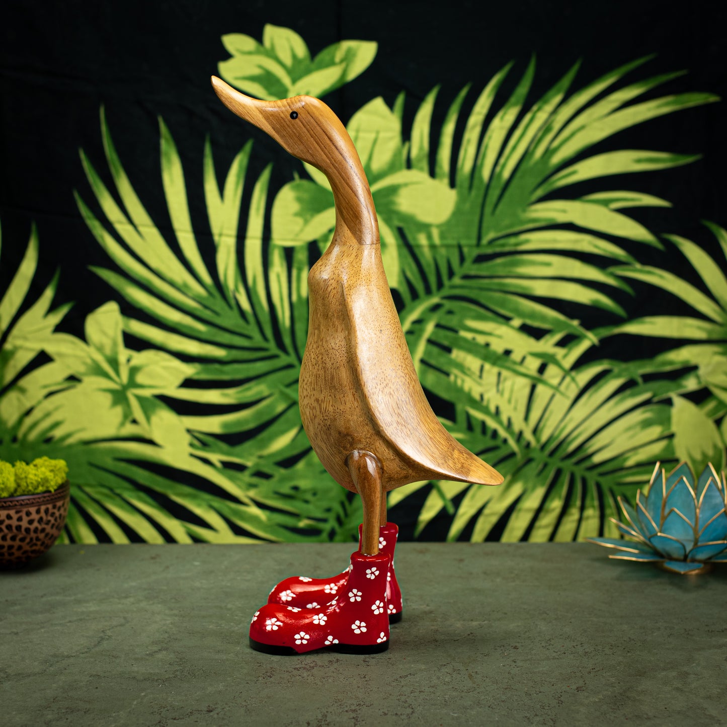 Hand Carved, Hand Painted Wooden Sculpture of a Duck in Shiny Red Boots with Flowers