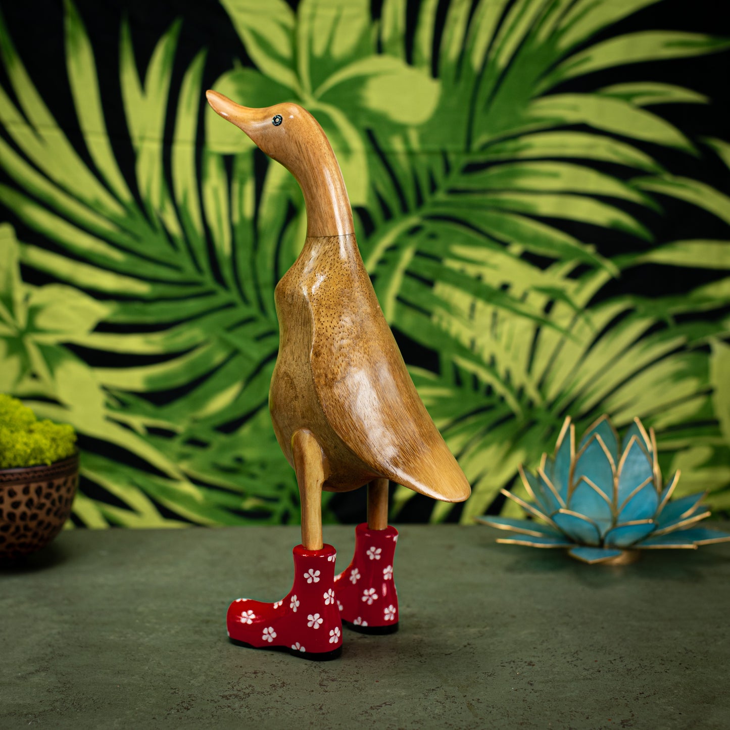Hand Carved, Hand Painted Wooden Sculpture of a Duck in Shiny Red Boots with Flowers