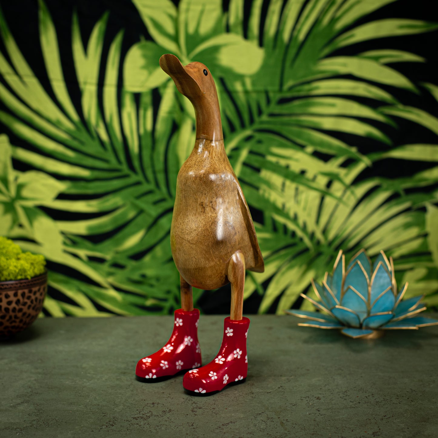 Hand Carved, Hand Painted Wooden Sculpture of a Duck in Shiny Red Boots with Flowers