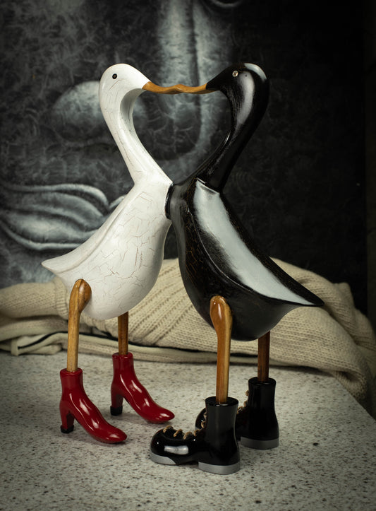 Hand Carved, Hand Painted Wooden Sculpture of a Pair of Ducks in Love