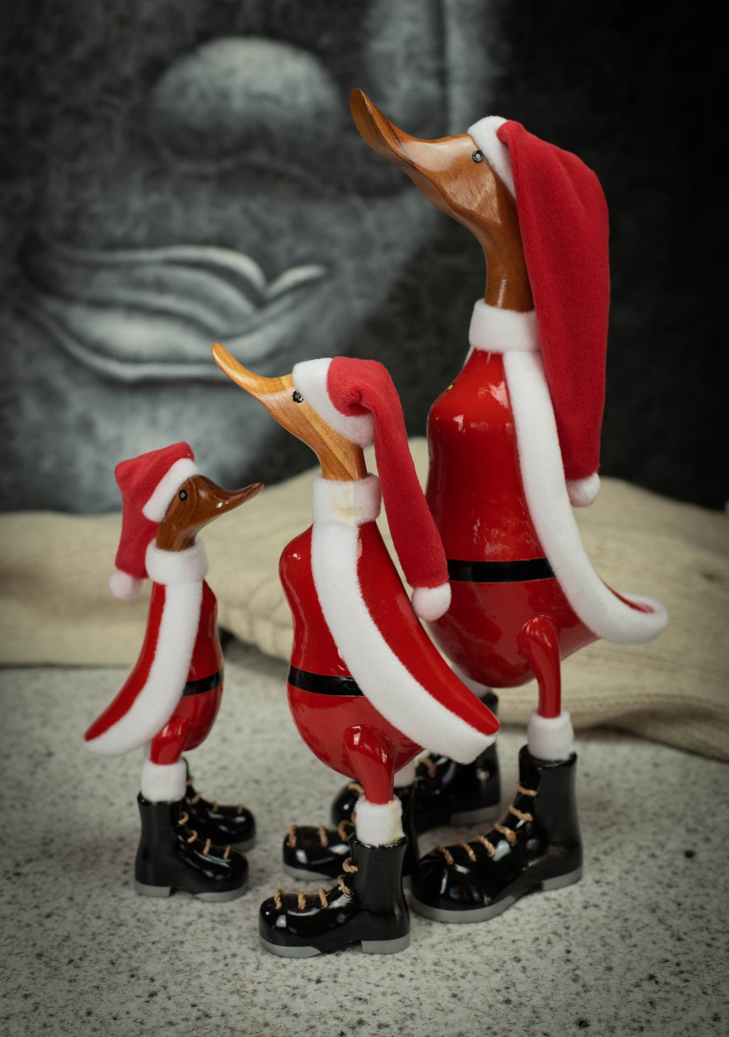 Hand Carved, Hand Painted Wooden Sculpture of a Santa Duck in Shiny Black Boots