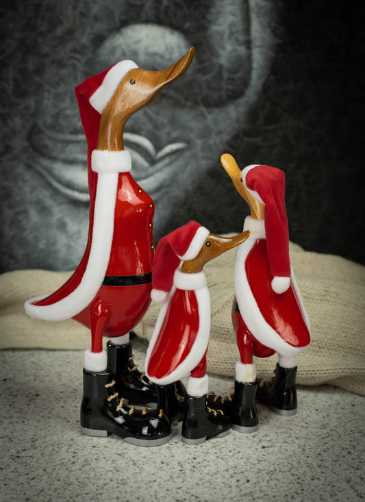 Hand Carved, Hand Painted Wooden Sculpture of a Santa Duck in Shiny Black Boots